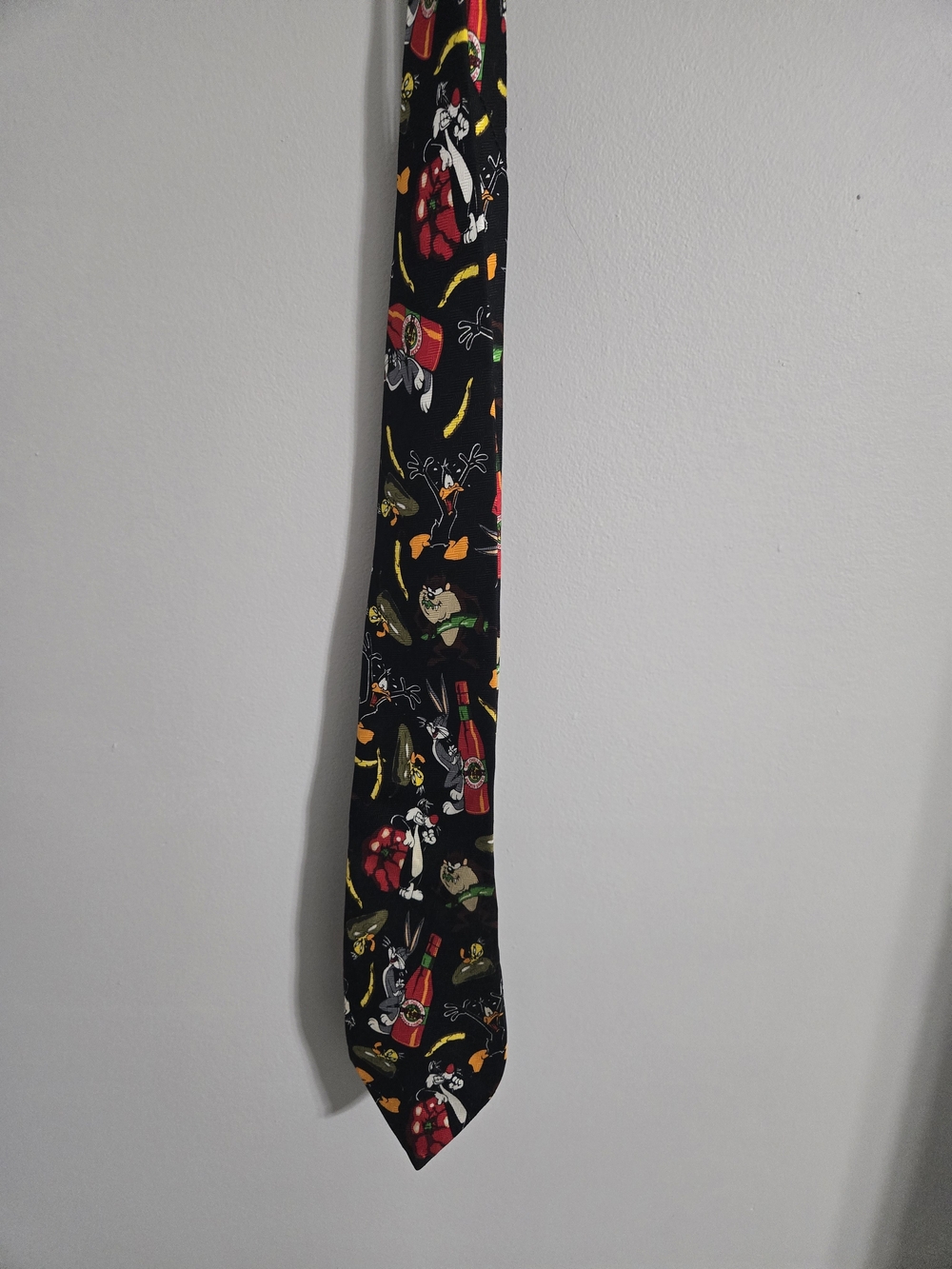 Black Novelty Cartoon-Print Men's Tie with Red, Yellow & Green Accents